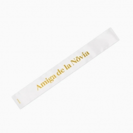 Banda de tela blanca Amiga de la Novia con letras doradas