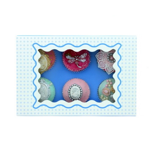 Caja para 6 cupcakes Luxury azul con detalles en blanco