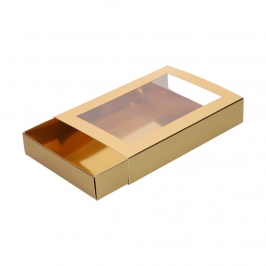 Caja dorada rectangular FunCakes con ventana transparente y bandeja