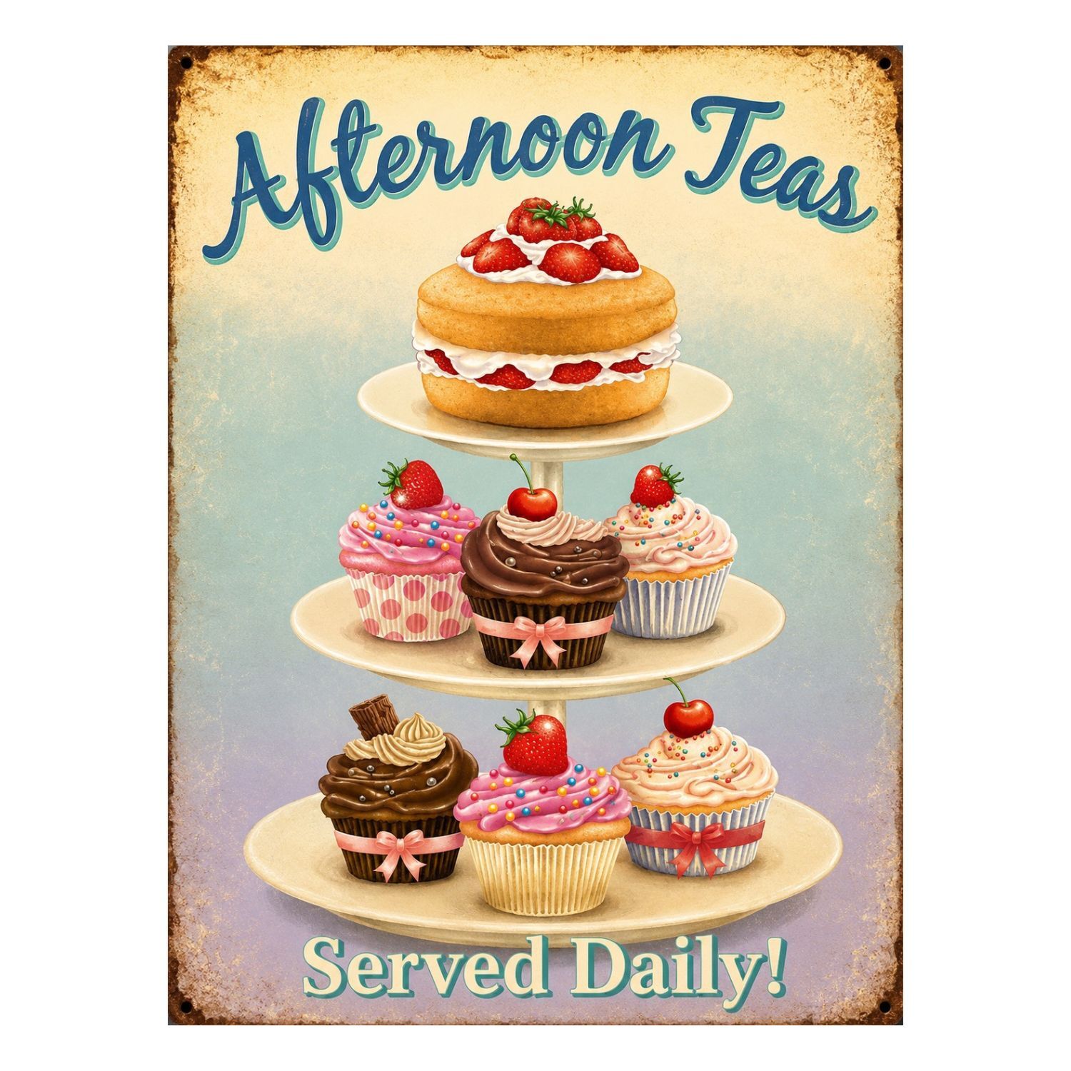 Chapa Metalica Decorativa Hora Del Te Con Tarta Y Cupcakes Vintage – 40 X 30 Cm