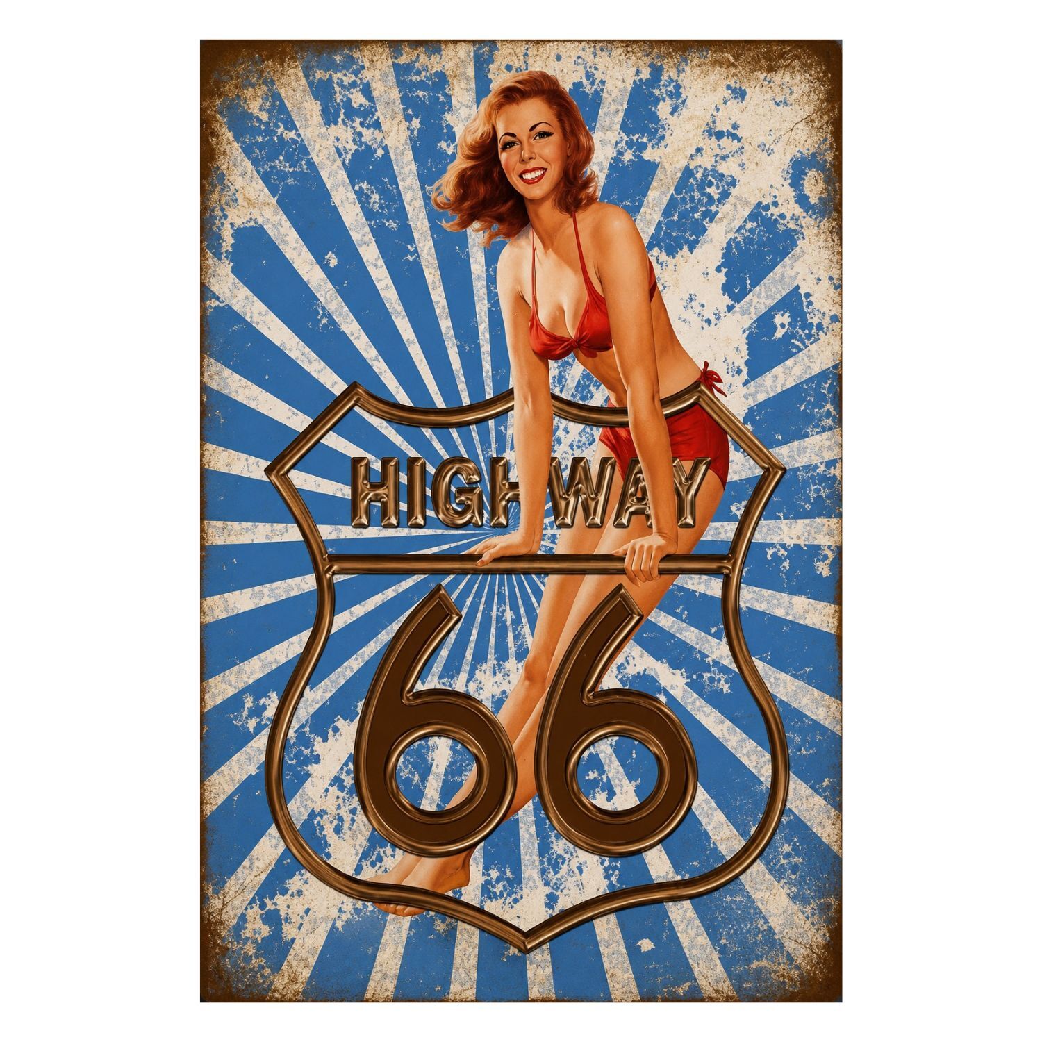 Chapa Metalica Decorativa “Route 66 Highway Pin-Up” Vintage - 40 X 30 Cm