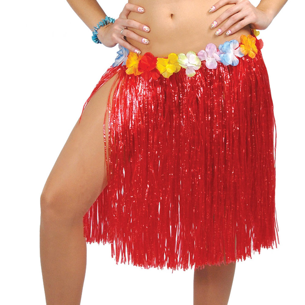 Falda hawaiana roja con cinturón con flores de colores