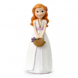 Figura para tarta de comunión niña con cesto de flores 15 cm