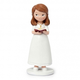 Figura para tarta de comunión niña con vestido blanco y biblia