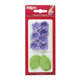 Flores violetas y hojas verdes de azúcar Dekora