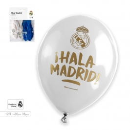 Globos Látex Blanco y Azul Hala Madrid 30 cm - 6 ud
