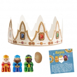 Kit para Roscón de Reyes con corona, haba, figuras de pvc y tarjeta 100 unidades