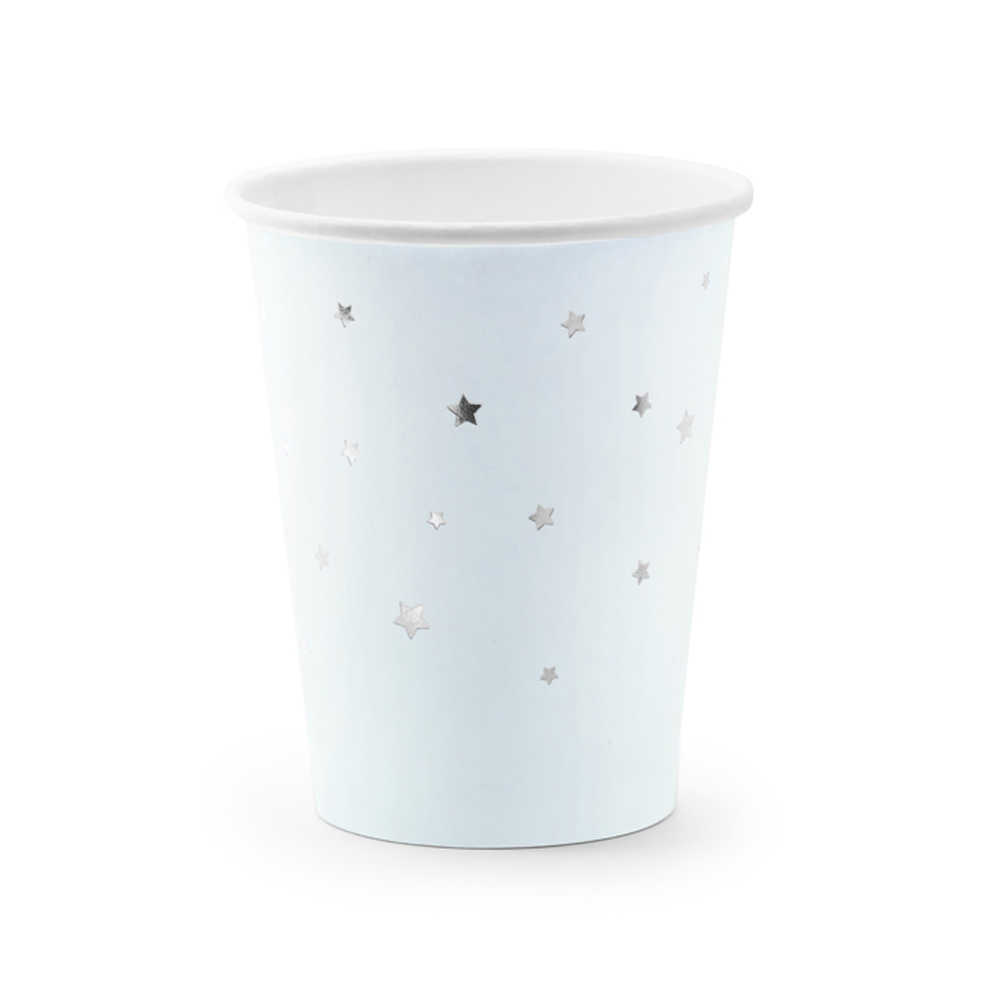 Set de 6 vasos azul claro pastel con estrellas plateadas de 260 ml
