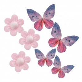 Set de flores rosas y mariposas lilas de oblea para decorar tartas y cupcakes.