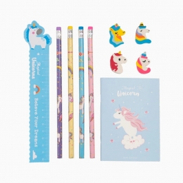 Set de papelería unicornio para relleno de piñata con lápices, regla, goma y libreta