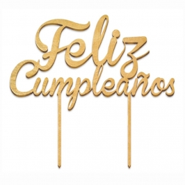 Topper para tarta Feliz Cumpleaños dorado de madera