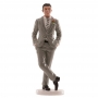 Figura para tarta de boda de hombre moreno con traje gris de 16 cm de alto