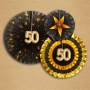Set de 3 abanicos negros y dorados para decorar fiesta de 50 años Set de 3 abanicos negros y dorados para decorar fiesta de 50 años